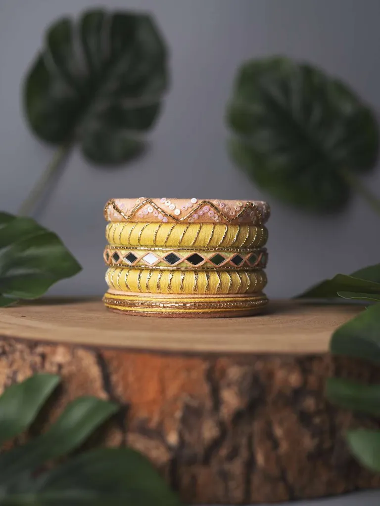 Vama Handmade Thread Bangles - Soft Light Yellow Peach